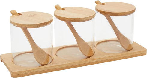 Small Glass Condiment Containers with Lids, Spoons, and Bamboo Wood Base (10oz, 3 Pack)