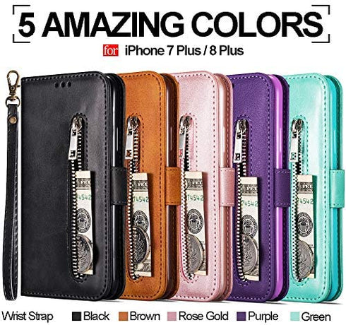 KUDEX iPhone 7 Plus Wallet Case for Women,iPhone 8 Plus Case, Flip Leather Shockproof Magnetic Zipper Pocket Wallet Purse Case w/Stand Card Slot Holder Wrist Strap for iPhone 7 Plus/8 Plus (Brown)
