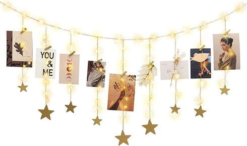 Mkono Hanging Photo Display with String Lights Gold Stars Garland Picture Frame Collage with 25 Wood Clips Wall Art Decoration for Home Office Nursery Bedroom Dorm Card Display