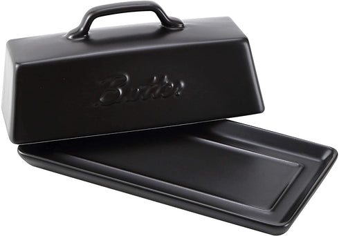 Ceramic Butter Dish with Lid, Covered Butter Keeper - Handle Design - Dishwasher Safe, 7.5 Inch Wide, Black
