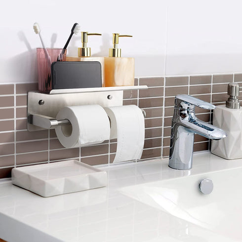 Toilet Paper Holder, Goowin Toilet Paper Holder with Shelf, Durable Stainless Steel Toilet Paper Roll Holder Wall Mount, Double Roll Tissue Holder Dispenser for Bathroom (Brushed Nickel)