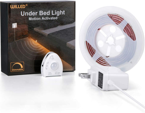 Under Bed Light, WILLED Dimmable Motion Activated Bed Light 5ft LED Strip with Motion Sensor and Power Adapter, Bedroom Night Light Amber for Baby, Crib, Bedside, Stairs, Cabinet and Bathroom