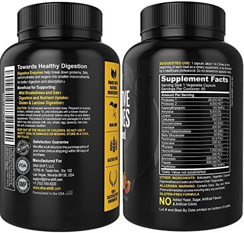 DNA SHIFT Digestive Enzymes 18-in-1 Natural proteolytic Enzyme Supplement with protease, amylase & lipase - Better Gluten & Lactose Digestion - May Ease Bloating, Constipation and Gas Relief