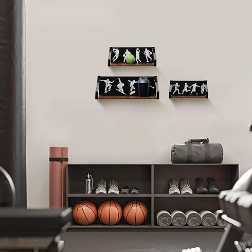 Calenzana Sports Floating Shelves Set of 3, Rustic Wooden Wall Shelf for Boys Men Room Bathroom Bedroom Living Room Decor, Black