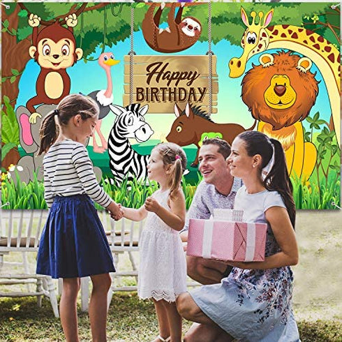 Jungle Animal Theme Birthday Party Decorations, Extra Large Fabric Safari Animal Elements Printed Happy Birthday Backdrop Funny Cartoon Forest Banner Background for Birthday Party Supplies, 6 x 3.6ft