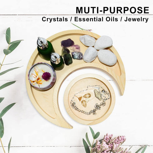 Moon Tray Crystal Holder for Stones Display, Natural Pine Crystal Tray for Healing Crystal & Essential Oils, 9.17X 3.94 Inches Crescent Moon Bowl with 4.64 Inches Round Tray