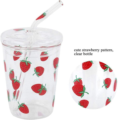 300ml Glass Water Cup with Straw and Lid, Cute Strawberry Mug Glass Milk Bottle Water Juice Smoothie Drinking Cup for Home Office School