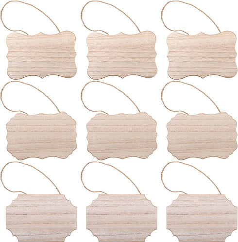 YOUEON 9 Pack Unfinished Hanging Wood Sign with Jute Ropes, 9 x 6 Inches Blank Hanging Wood Plaque, Blank Wood Signs for Crafts, Painting, Writing, Crafts Projects, 3 Styles, Brown