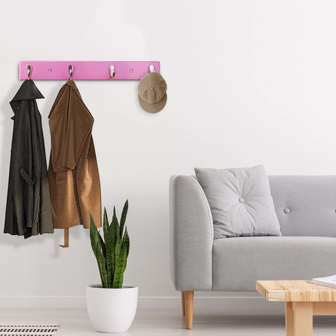 Wall Mounted Coat Rack Ethuh Rustic Wall Hook Solid Wood Hat Hanger Entryway Hanging Coat Rack4 Silver Metal for Entryway, only 1screws to Hold The Hooks Rack (Pink Nickel-Plated)