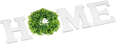 Flexzion Rustic Wooden Wall Hanging Home Decor Sign, Cutout Block Letters Weathered Wood with Plant Leaf Flower Circle Ring Wreath, Pediment Alphabets Plaques for House Decoration, White