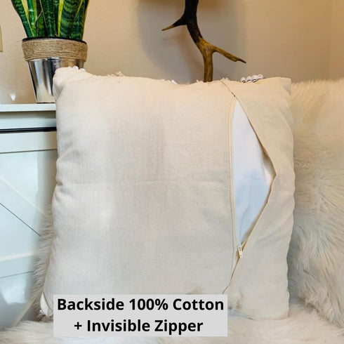 Decorative Boho Pillow Cover, 18x18, Soft Moroccan Rustic Throw with Tufted Accents, Plush Handwoven Cotton, Neutral Farmhouse Home Decor | Made with Love and Care in India