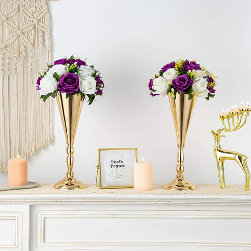 2 Pcs Set Metal Wedding Flower Trumpet Vase Stand Table Decorative Centerpiece Artificial Flower Arrangements for Anniversary Ceremony Party Birthday Event Aisle Home Decoration (Gold)
