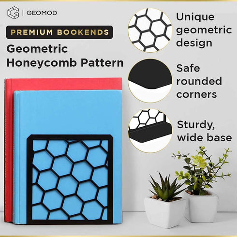 Premium Bookends Geometric Honeycomb Metal Book Ends (Gold, 1 Pair) Book End for Shelves