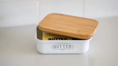ThePerfectPicks Farmhouse Butter Dish with Lid for Countertop, Butter Keeper & Holder, Butter Container for Fridge with Wooden Freshness Seal, Enhance Kitchen Decor, Holds Two Sticks of Butter