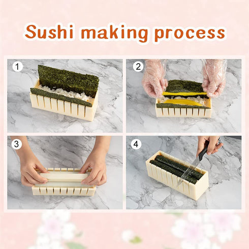 Upgraded Sushi Making Kit Deluxe Edition with Complete Sushi Set 14 Pieces Plastic Sushi Maker Tool Complete with 12 Sushi Rice Roll Mold Shapes Fork Spatula DIY Home Sushi Tool