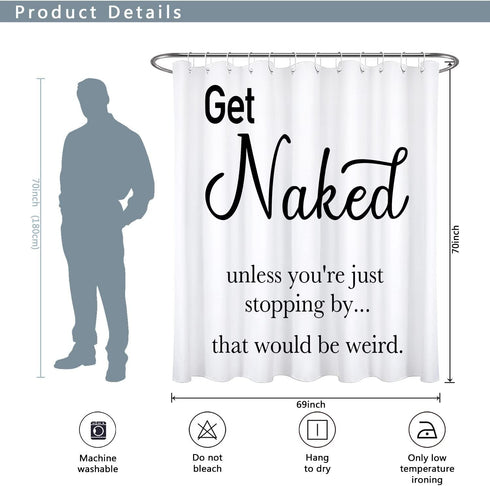 HVEST Get Naked Shower Curtain, Funny Quotes Inspirational Bathroom Shower Curtain, Black and White Cool Artwork Polyester Waterproof Fabric Bath Decor with Hooks Accessories, 72x72 Inches