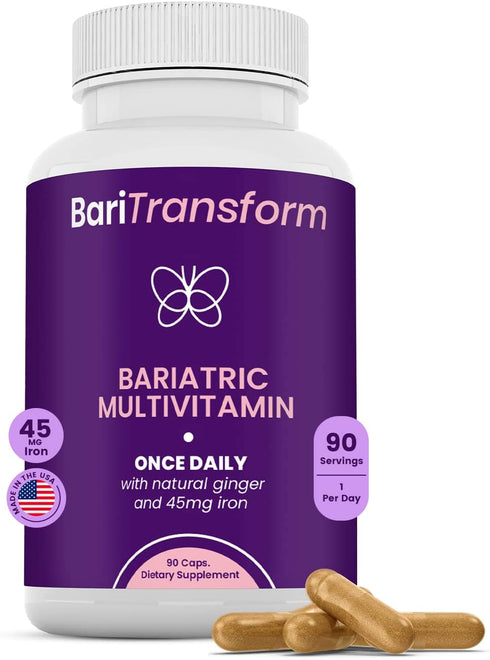 BariTransform Bariatric Multivitamin with Iron Capsule – 90 Ct – Bariatric Vitamins Multivitamin with Organic Ginger Root for Digestion Support, Nausea Relief – Once-A-Day Gastric Bypass Vitamins