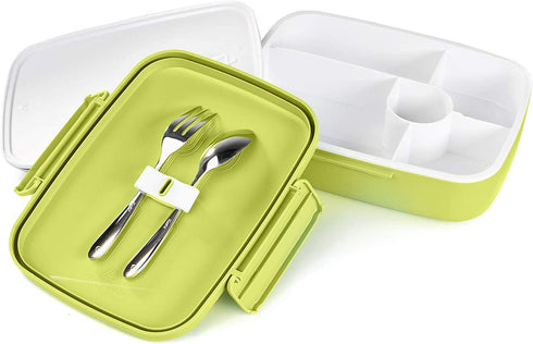 LS LifeStyle Bento Lunch Box 5 Compartments For Kids, Adults Leakproof, Microwave and Dishwasher Safe, BPA Free Container (Fork + Spoon included) (Green)