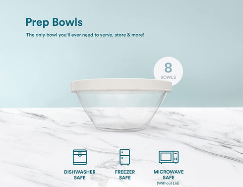 Kook Small Glass Prep Bowls with Lids Set, Clear Mini Food Storage Containers, Microwave & Dishwasher Safe, 7.25 oz, Set of 8