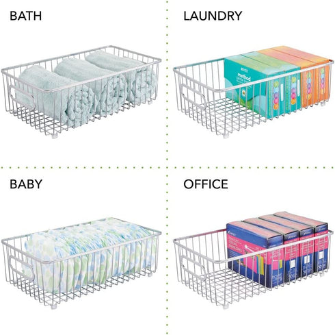 mDesign Metal Farmhouse Kitchen Pantry Food Storage Organizer Basket Bin - Wire Grid Design - for Cabinets, Cupboards, Shelves, Countertops - Holds Potatoes, Onions, Fruit - Large, 2 Pack - Chrome