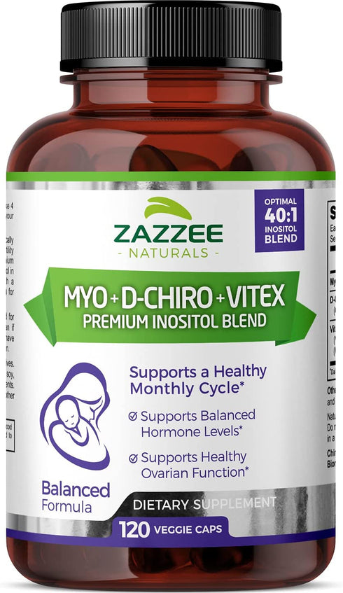 Zazzee Myo-Inositol + D-Chiro + Vitex, 120 Vegan Capsules, Optimal 40:1 Inositol Ratio, with 500 mg Vitex, Vegan, Non-GMO and All-Natural, Supports Healthy Ovulation and a Regular Cycle
