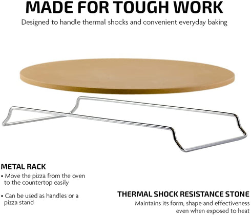 Ovente Ceramic Flat 13 Inch Pizza Stone Set with Crust Cutter Wheel & Metal Rack/Handle, Compact Easy Storage Portable Baking Grilling Stone Thermal Shock Resistance for Oven Grill BBQ, Beige BW10132