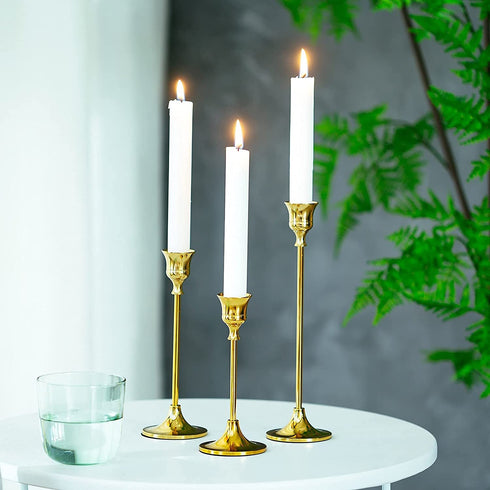 Romadedi Candlestick Holder Gold Candle Holder Brass Set of 3 Decorative Candle Holder for Taper Candle for Fireplace Mantel Dinning Table Home Wedding Decorations Gold 1 Set