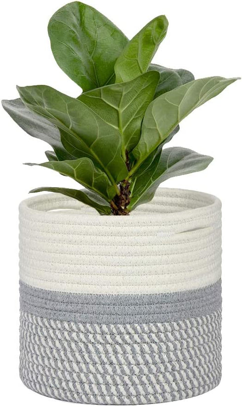 7 Inch Small Plant Basket, Mono Living, Rope Plant Basket Woven Basket for Plant Flower Pot Indoor Planter Boho Decor Small Cotton Rope Basket Grey and White