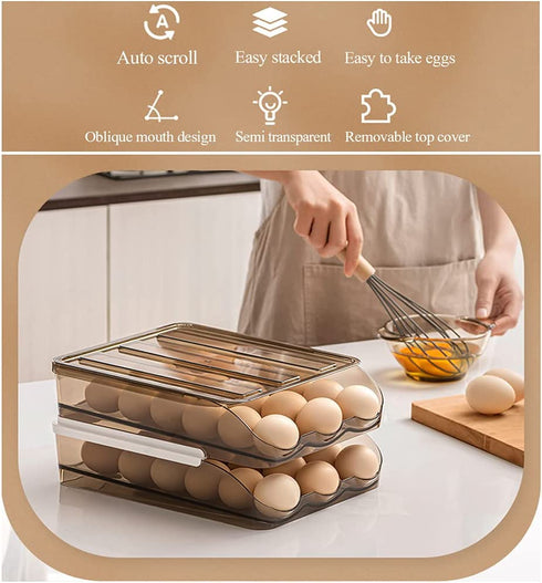 Egg holder for refrigerator Automatic Rolling, Egg Storage box Brown Transparent Drawer, Egg Tray Fridge Organizer For Household, Smart Stackable Devil Egg Container with Lid (Two Layers)