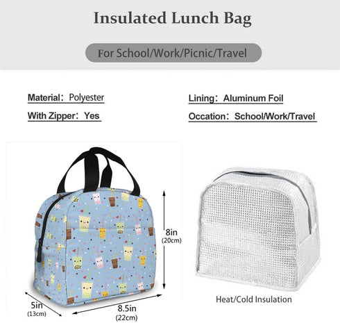 Happy Boba Bubble Tea Lunch Bag For Women Girls Kids Insulated Picnic Pouch Thermal Cooler Tote Bento Large Meal Prep Cute Bag Big Leakproof Soft Bags For Lunch Box, Camping, Travel, Fishing