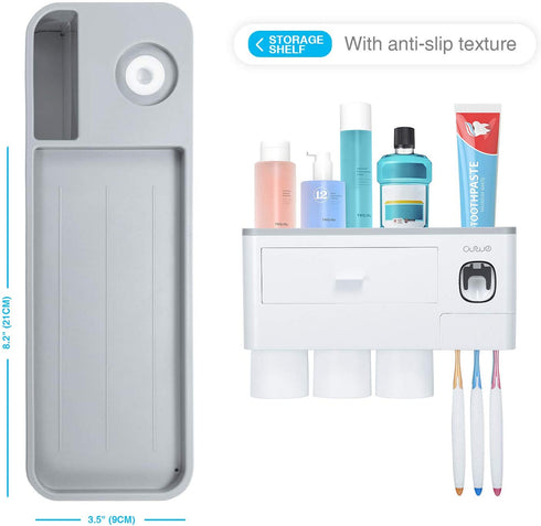 Pretigo Toothbrush Holder Easy Install Large Capacity Storage, with Cosmetic Drawer Organizer and Toothbrush Rack, Integrated with Automatic Toothpaste Dispenser, Space Saving with Magnetic Cup Design