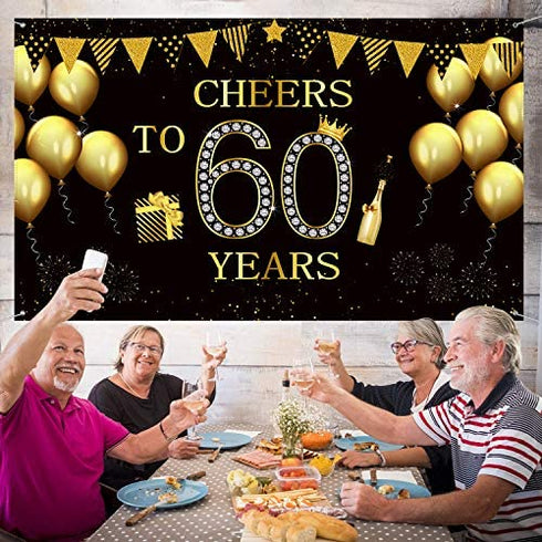 Happy 60th Birthday Party Backdrop Banner, Extra Large Fabric Black Gold Cheers to 60 Years Backdrop Anniversary Decoration Background Banner for Men Women 60th Birthday Party Supply, 72.8 x 43.3 Inch