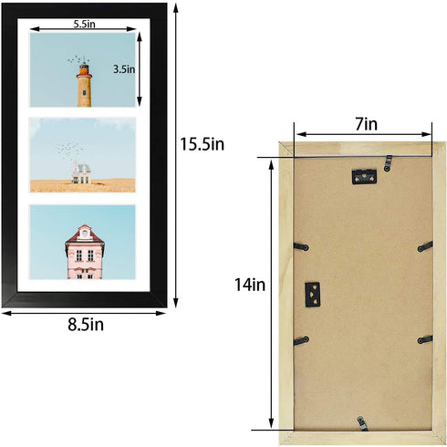 Golden State Art, 7x14 Black Photo Wood Collage Frame with Mat displays (3) 4"x6" Pictures