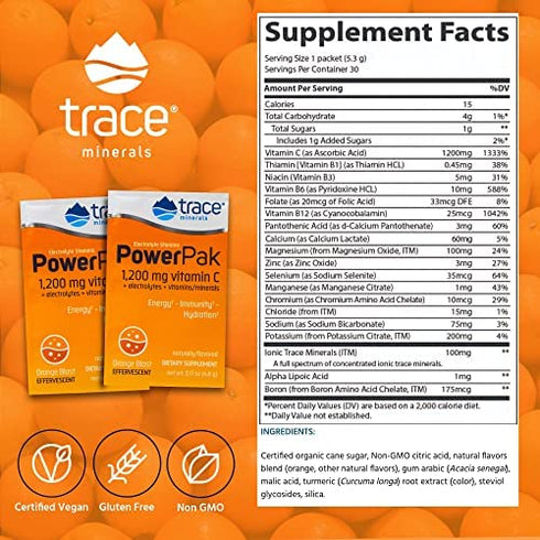 Trace Minerals | Power Pak Electrolyte Powder Packets | 1200 mg Vitamin C, Zinc, Magnesium | Boost Hydration, Immunity, Energy, Muscle Stamina | Orange Blast | 30 Packets