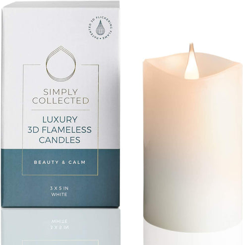 Simply Collected Flickering Flameless Candles Battery Operated with Timer, 800+ Hours Realistic 3D Moving Flame, Battery Candles, Electric LED Candle, Real Wax Pillar, Unscented | White - 3x5 Inches