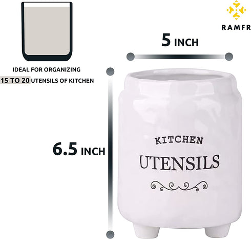 Ceramic Utensil Holder for Countertop , Utensil Holder Farmhouse Utensil Crock for Kitchen & Dining Table, White Cooking Utensil Holder, Spatula Holder with Relief Design