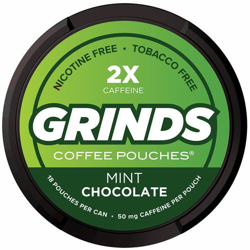 Grinds Coffee Pouches | 3 Cans of Mint Chocolate | Made in the USA | Tobacco Free, Nicotine Free Healthy Alternative | 18 Pouches Per Can | 1 Pouch eq. 1/4 Cup of Coffee (Mint Chocolate)