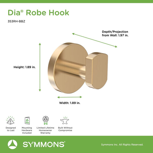 Symmons 353RH-BBZ Dia Wall-Mounted Robe Hook in Brushed Bronze