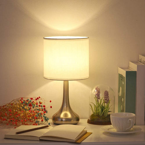 Bedside Table Lamp Modern Table Lamp Nightstand Lamp Small Desk Lighting Sliver Brushed Steel White Cylinder Shade for Living Room Bedroom Family Room Coffee Table