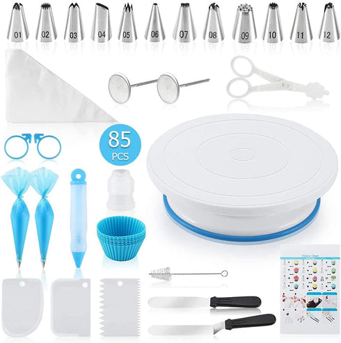 Docgrit Cake Decorating kit- 85PCs Cake Decoration Tools with a Non Slip Base Cake Turntable, 12 Numbered Cake Icing Tips & Guide and Other Cake Decorating Kit for Beginner
