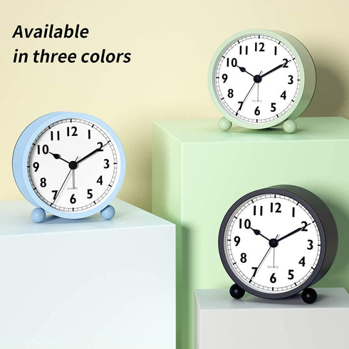 Kpin Silent Analog Alarm Clock with Night Light,Beep Sounds,Gentle Wake,Battery Operated,Easy Set (Blue, Small)