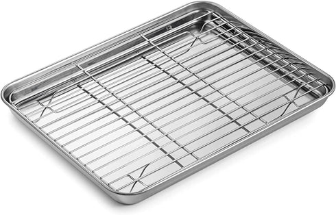 WEZVIX Stainless Steel Baking Sheet with Rack Set Tray Cookie Sheet & Oven Pan 12.5 x 10 x 1 inch, Non Toxic & Healthy, Rust Free & Less Stick, Thick & Sturdy, Easy Clean & Dishwasher Safe