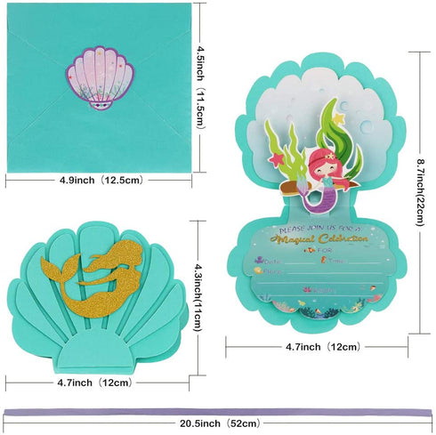 OurWarm 24pcs Mermaid Party Invitations, 3D Pearlescent Mermaid Birthday Party Supplies with Envelopes for Kids Girls Birthday Wedding Baby Shower Pool Mermaid Themed Party Supplies