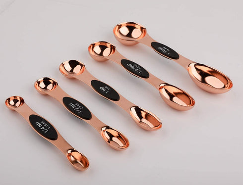 Magnetic Measuring Spoons Stainless Steel Copper Plated Rose Gold Dual Side for Dry and Liquid Ingredients Set of 5