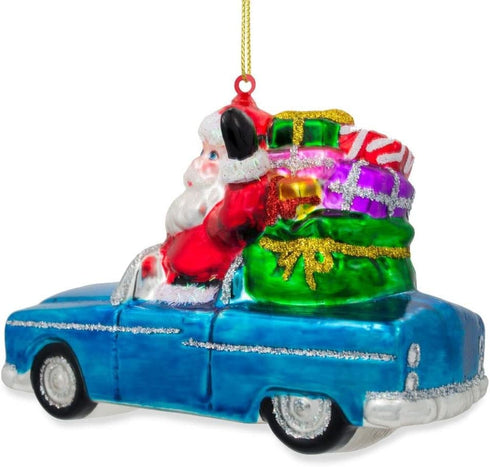 BestPysanky Santa in a Convertible Car Full of Gifts Glass Christmas Ornament 3.6 Inches