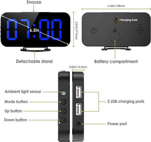 KeeKit Digital LED Alarm Clock, Large 6.5" Mirror Surface Alarm Clock with Dual USB Charging Ports, Snooze Function, Auto/Manual Adjustable Brightness, 12/24H Display for Home, Bedroom, Office - Blue