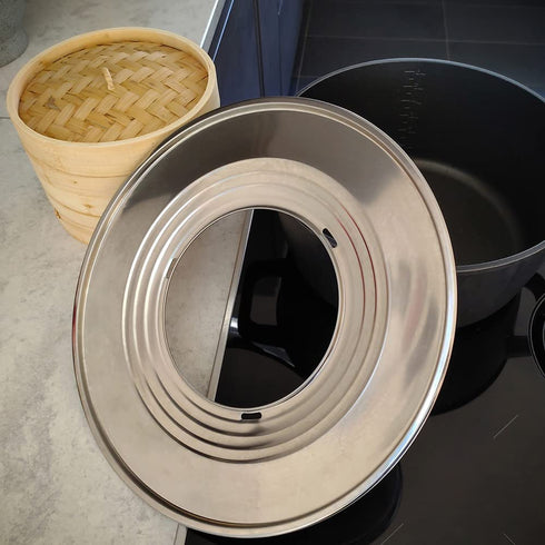 Mabeeze Steamer Ring Stainless Steel Adapter fits 8 to 13 inches Steamers and Pots, for Bamboo Baskets and Steamer Pots - 10 Paper Liners included