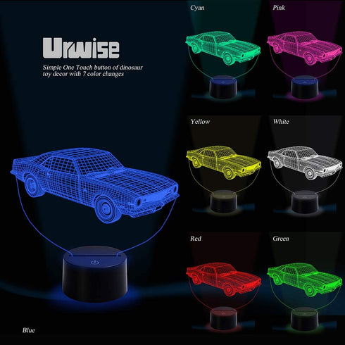 Muscle Car 3D Illusion Birthday Present Beside Table Lamp, Urwise 7 Color Changing Touch Switch Decoration Night Lamp with Acrylic Flat, ABS Base, USB Cable, Car Theme Toy, Amazing Creative Art