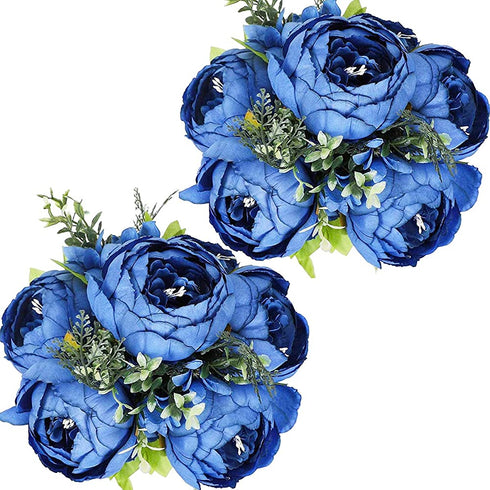 Nubry 2pcs Artificial Peony Silk Flowers Bouquet for Wedding Home Garden Party Decoration (Blue)