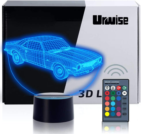 Muscle Car 3D Illusion Birthday Present Beside Table Lamp, Urwise 7 Color Changing Touch Switch Decoration Night Lamp with Acrylic Flat, ABS Base, USB Cable, Car Theme Toy, Amazing Creative Art